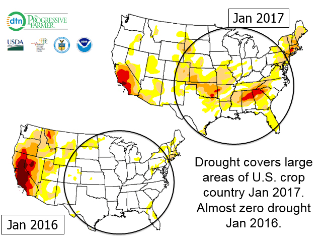 Large portions of the U.S. east of the Rockies have some level of drought in midwinter 2017 compared with almost no drought in these areas a year ago. (U.S. Drought Monitor graphic by Nick Scalise)